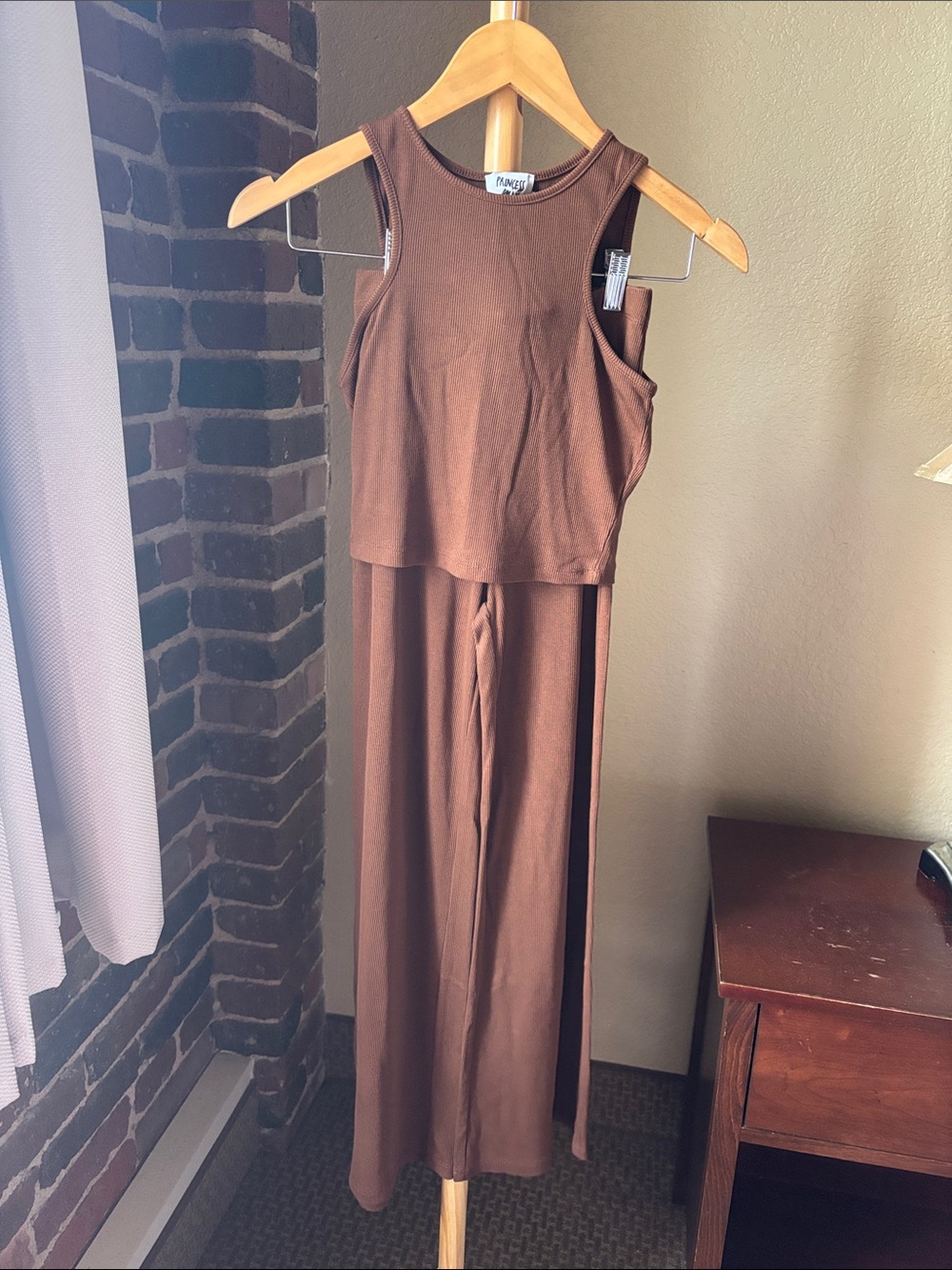 Princess Polly Brown Ribbed Tank Top and Flare Pant Set Size 2